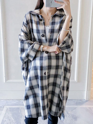 Woochic mi-longue blouse robe coton carreaux boutonnage col revers femme lâche chemisier Bleu M